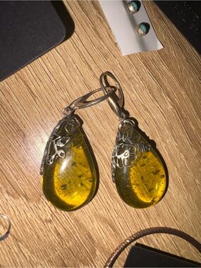 Sterling Silver Yellow Amber Teardrop Earrings